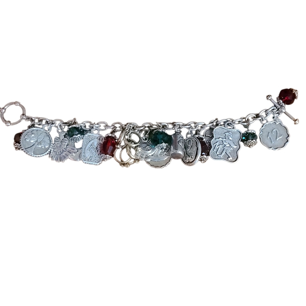 Christmas 12 Days Silver Charm Bracelet with Red and Green Accent